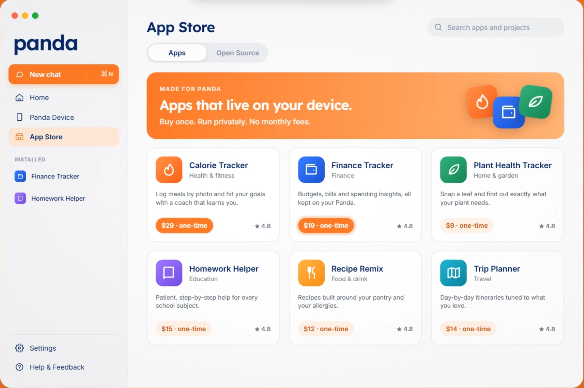 The Panda App Store showing apps like Calorie Tracker, Finance Tracker, Plant Health Tracker, Homework Helper, Recipe Remix and Trip Planner, each with a one-time price.