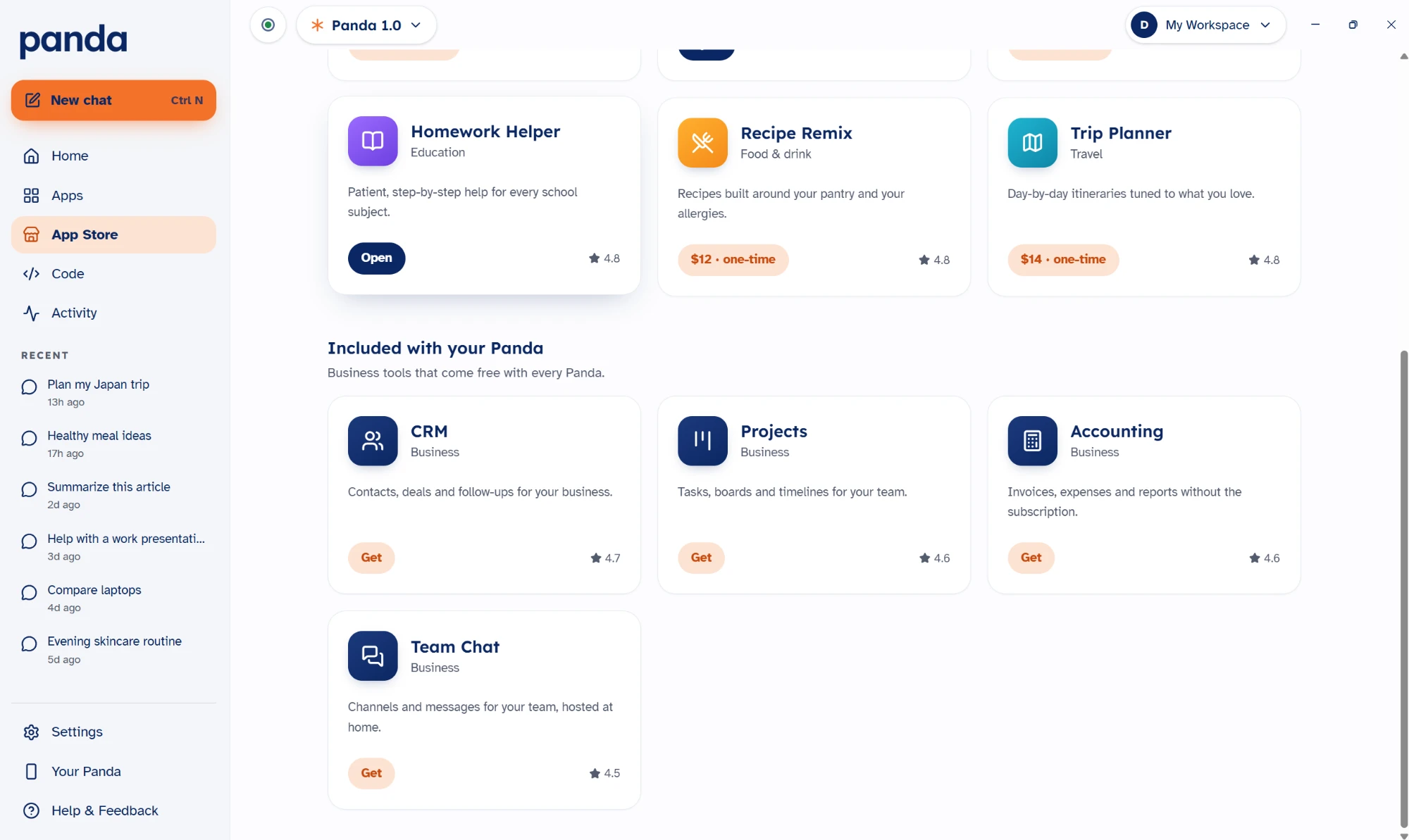 The Panda app's Included with your Panda section, showing CRM, Projects, Accounting and Team Chat.