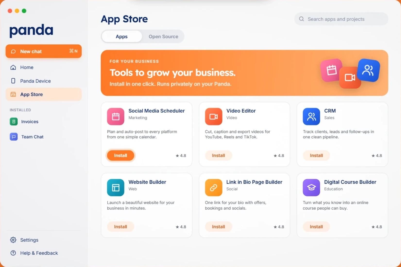 The Panda App Store's business tools, including Social Media Scheduler, Video Editor, CRM, Website Builder, Link in Bio Page Builder and Digital Course Builder.